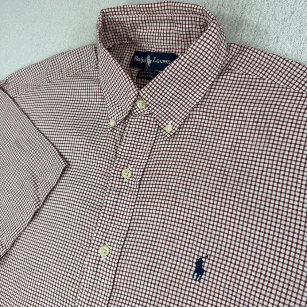 VTG 90s Ralph Lauren Yarmouth Men 15.5 32/33 Red White Check Short Sleeve Cotton